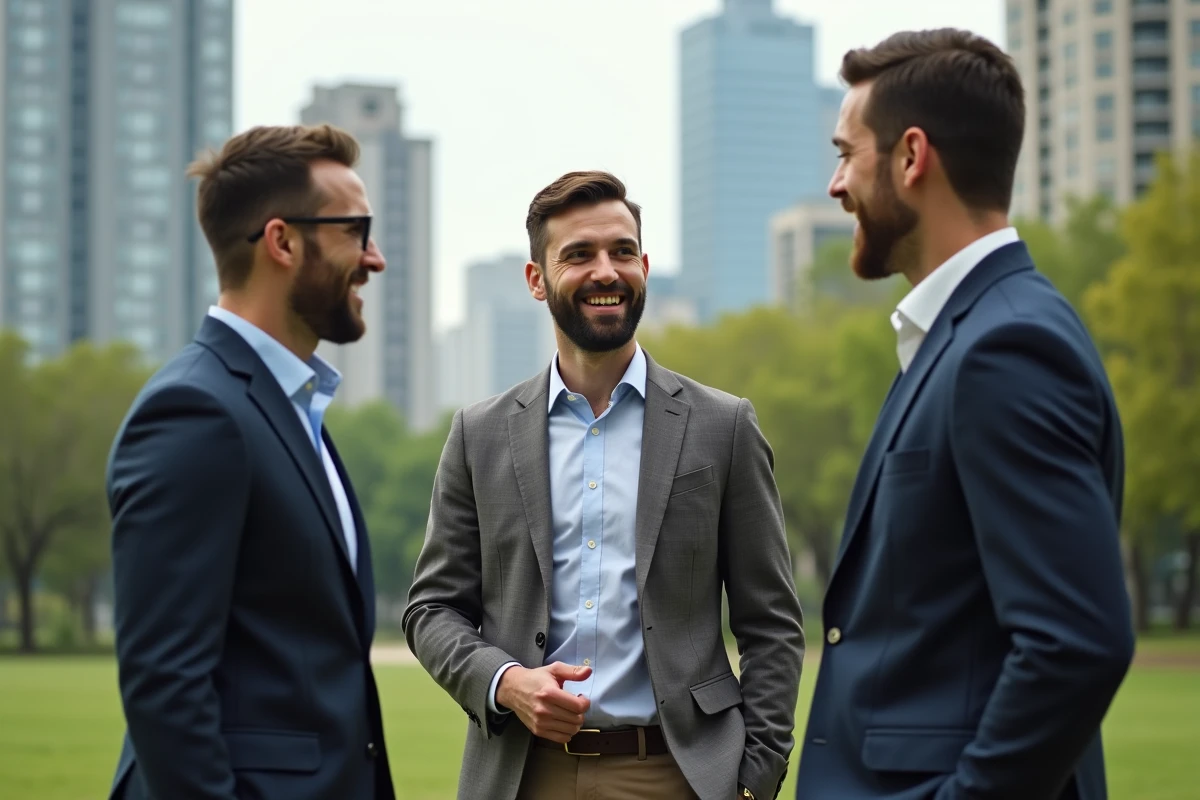 Groupe de professionnels discutant dans un parc urbain