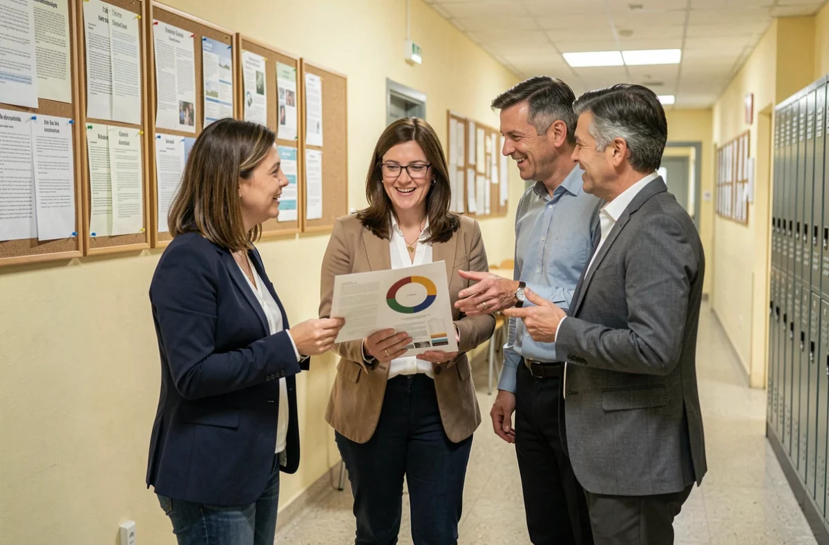 Groupe d'enseignants discutant d'un document officiel dans un couloir de lycée, évoquant les débats autour de la fin du Pacte enseignant en 2026