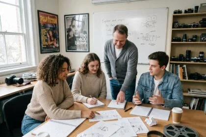 Groupe d'étudiants en cinéma en discussion dans une salle de classe