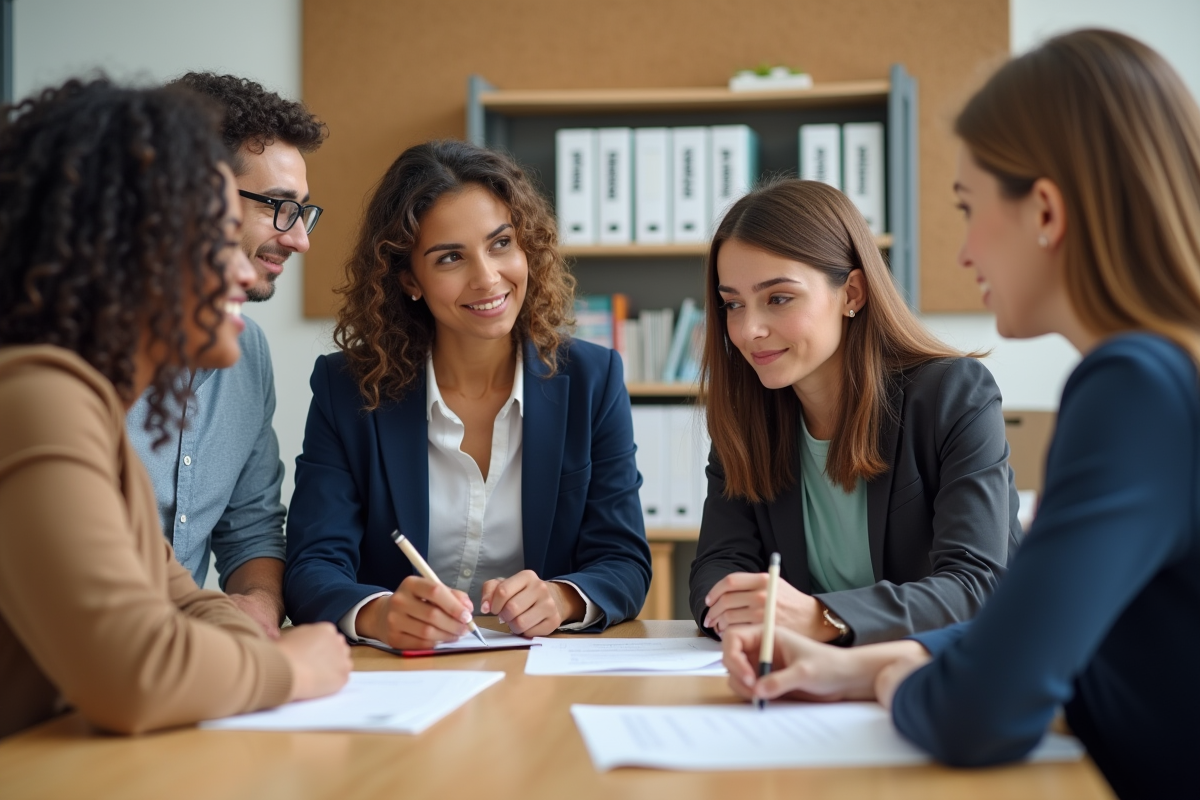 Groupe de quatre personnes en formation en discussion