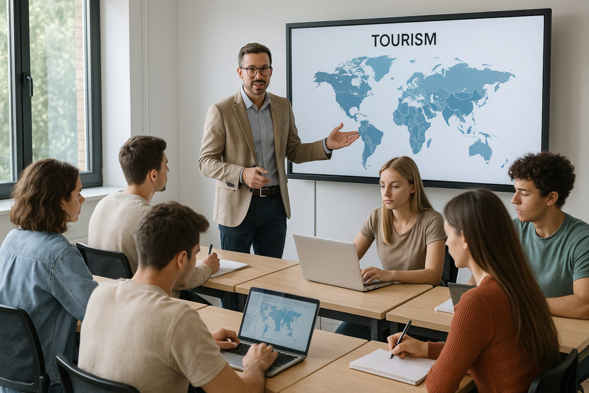 Groupe de jeunes en classe moderne pour un cours de tourisme