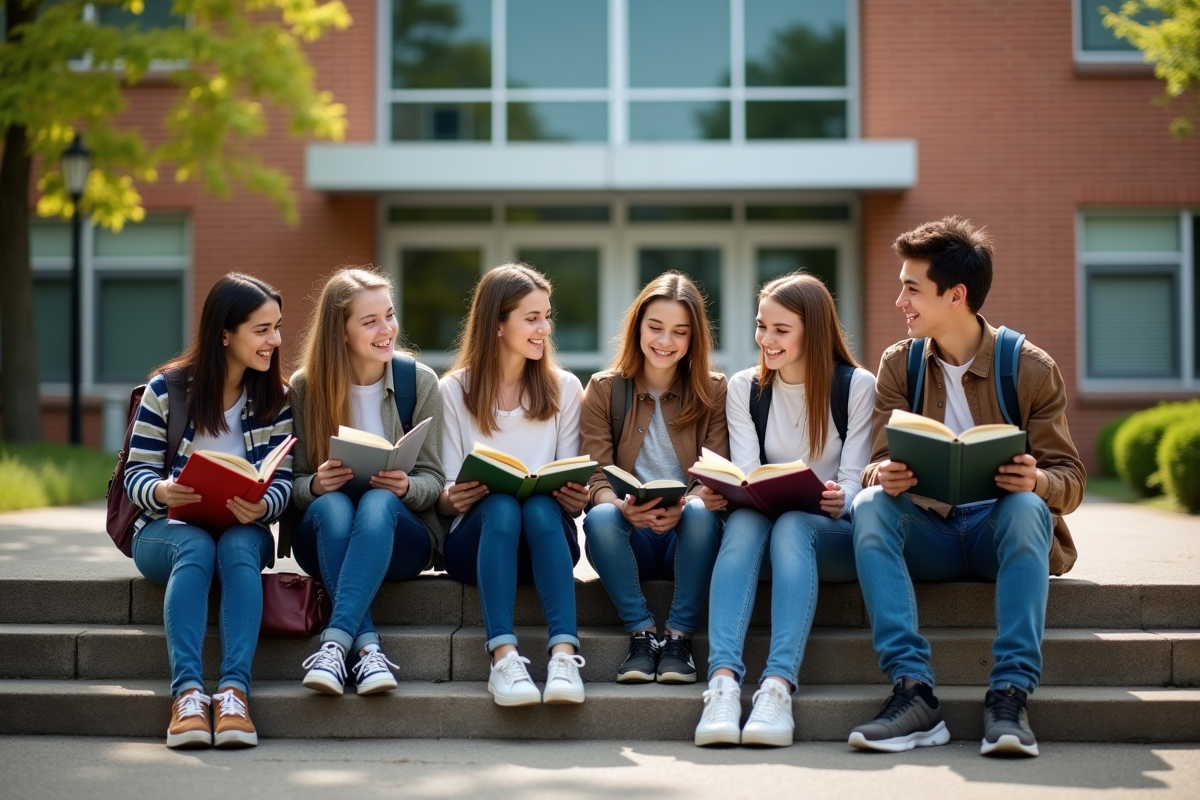 Groupe d élèves discutant sur les escaliers de l école