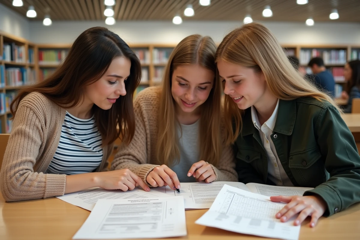 Groupe de lycéens discutant des spécialités et coefficients du bac 2026 dans une médiathèque