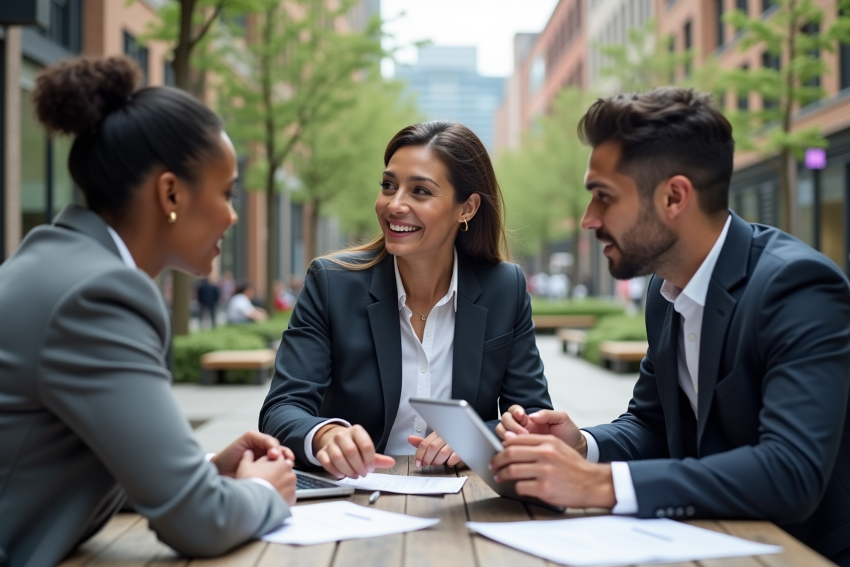 Groupe de professionnels discutant dans une place urbaine animée