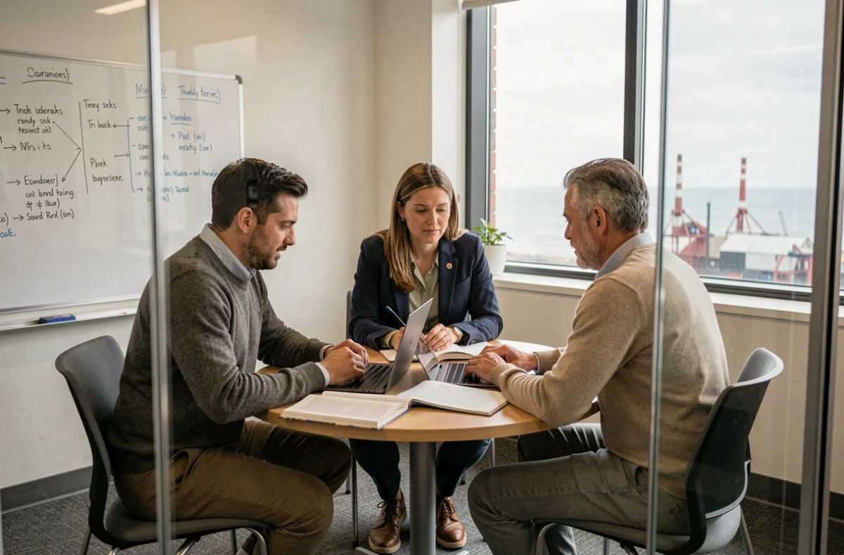 Groupe de salariés en formation professionnelle en discussion collaborative dans une salle d'étude du Cnam Saint-Nazaire