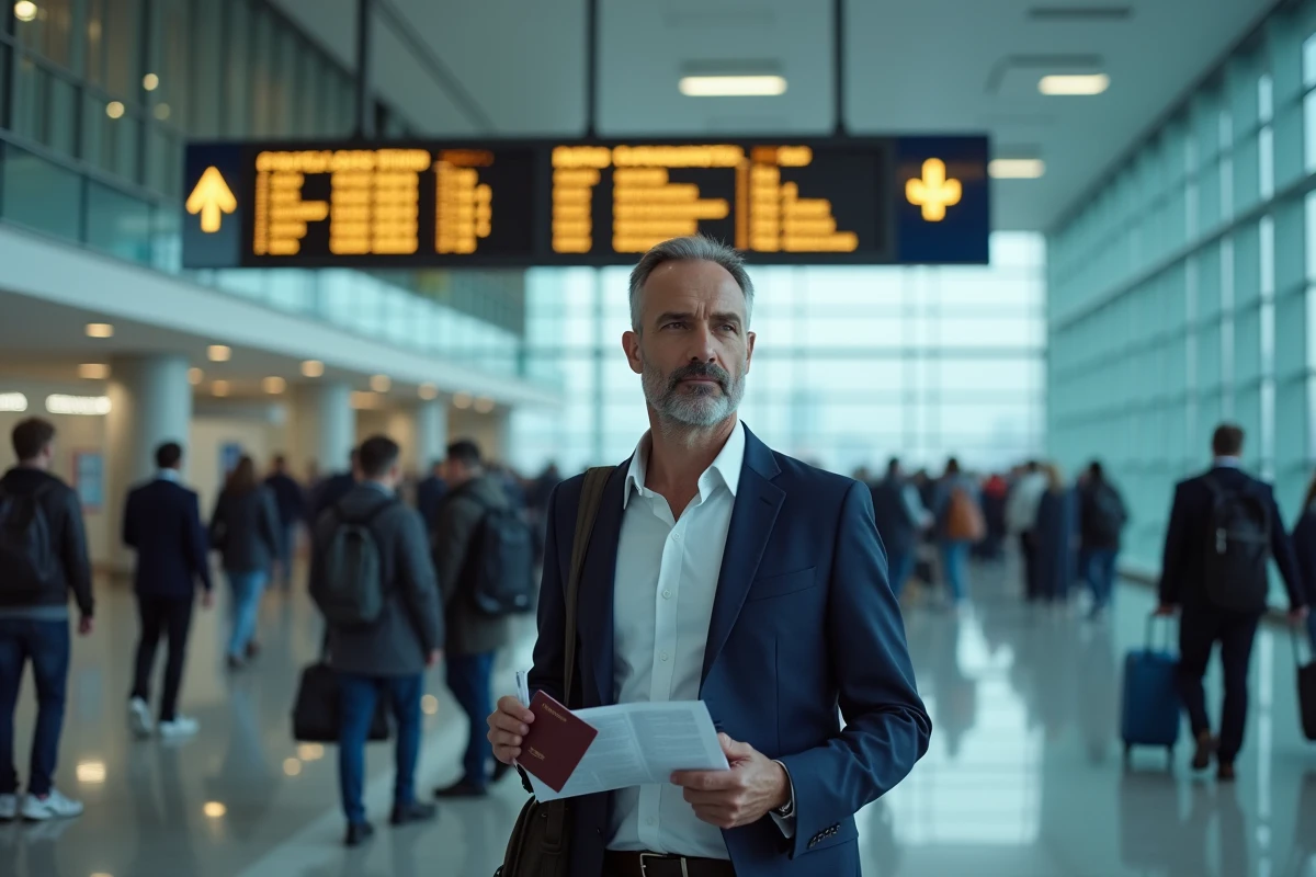 Homme tenant son passeport dans un aéroport avant de partir à l'étranger et gérer son CPF