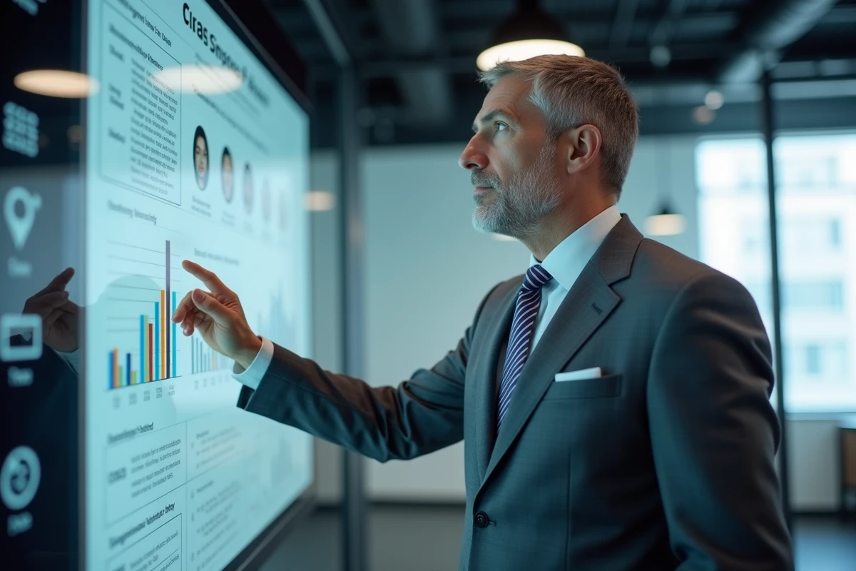 Homme en costume analysant un graphique sur écran interactif