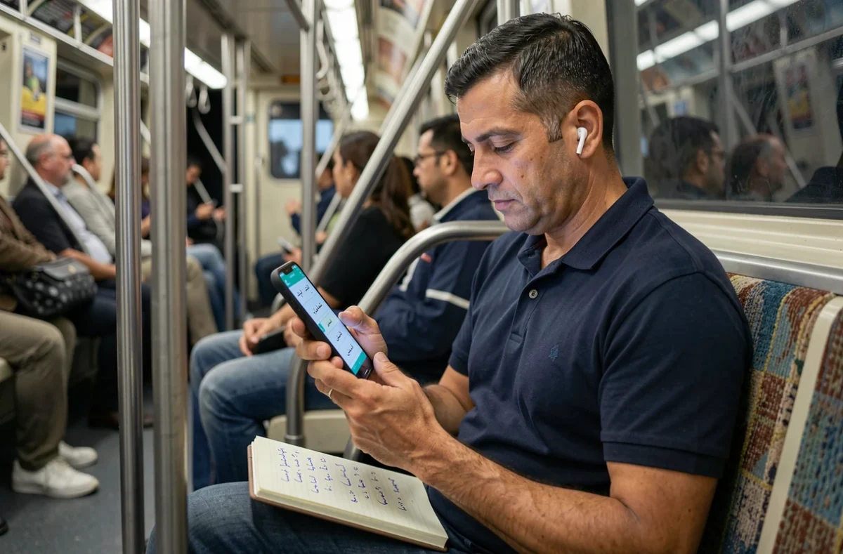 Homme adulte qui apprend l'arabe dans le métro avec son smartphone et des flashcards