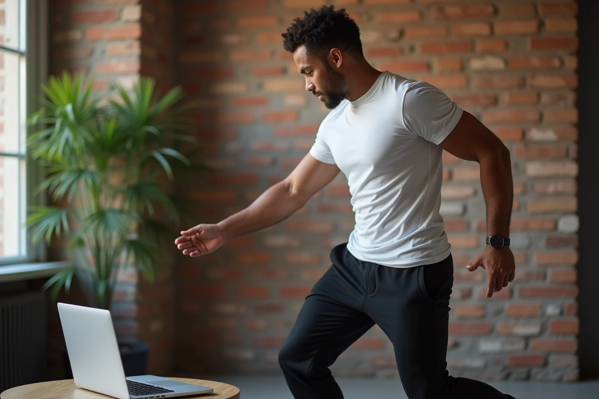 Homme pratiquant le zouk seul à la maison en suivant un tutoriel vidéo sur ordinateur portable dans son appartement