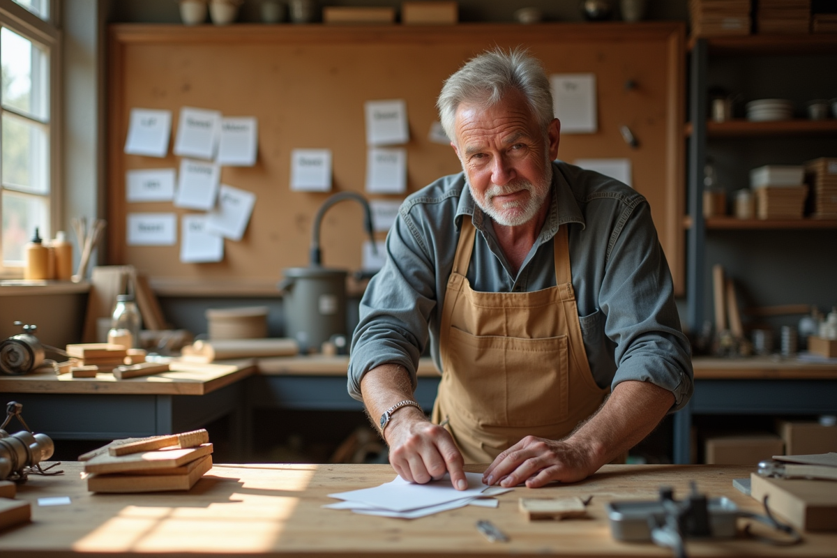 Homme dans un atelier avec outils et fiches de métiers F