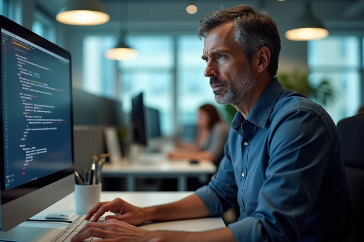 Homme d affaires préoccupé tapant sur un clavier dans un open space