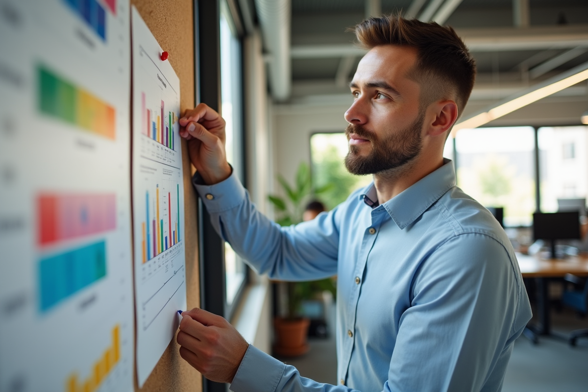 Homme daffaires affichant un graphique dans un espace de coworking