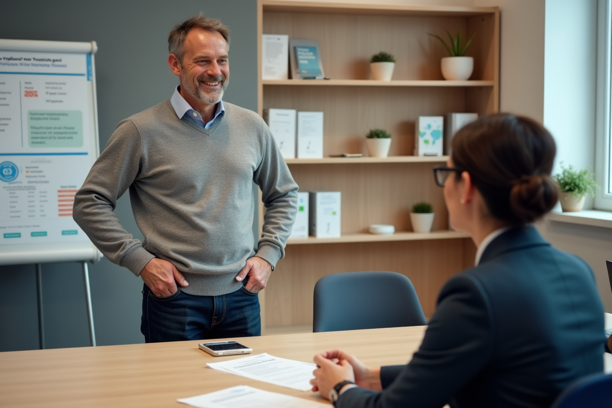 Homme discutant avec un conseiller Pôle Emploi dans une salle de réunion
