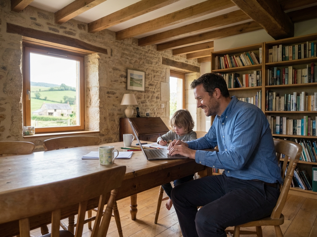 Homme souriant avec un enfant à la maison lors d’un dîner familial