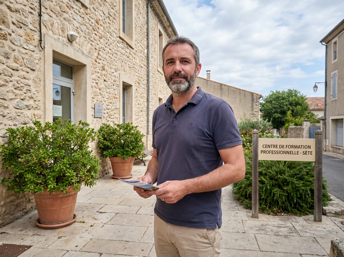 Homme tenant des brochures devant un centre de formation à Sète