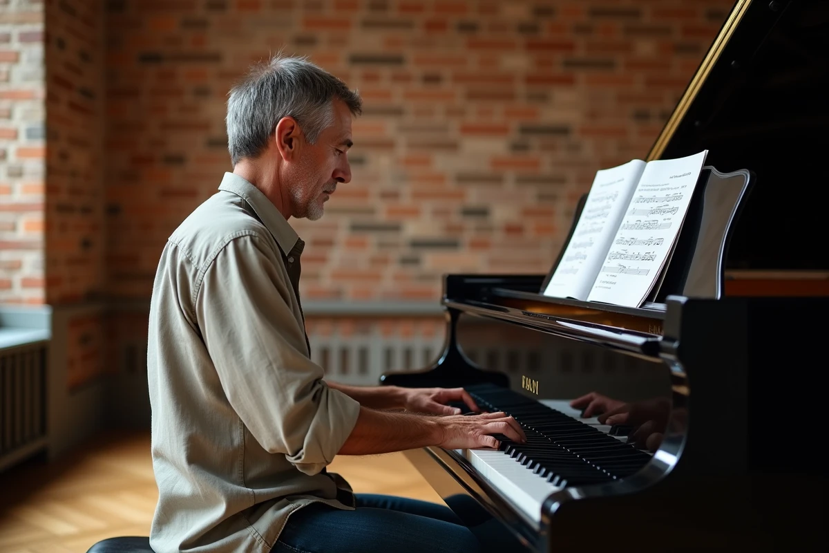 Homme adulte jouant du grand piano dans une salle de conservatoire avec partition interactive sur ordinateur portable