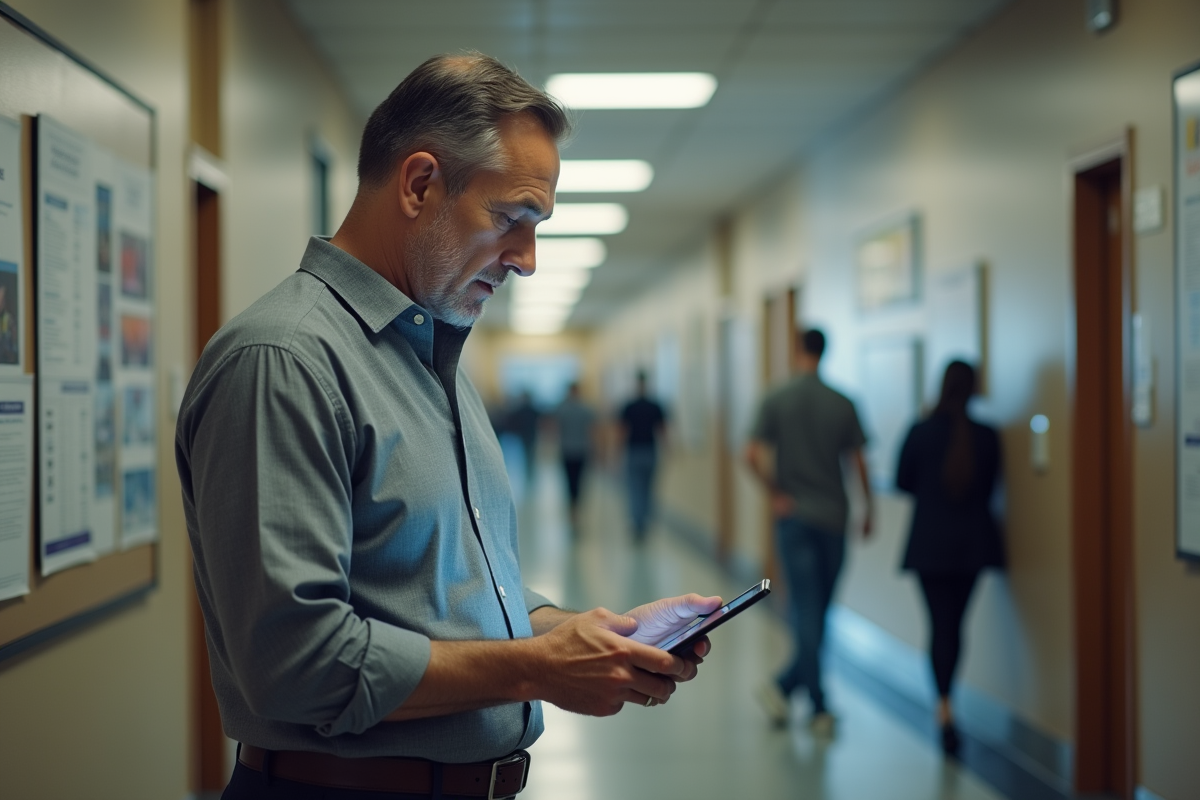 Homme en chemise grise vérifiant notifications