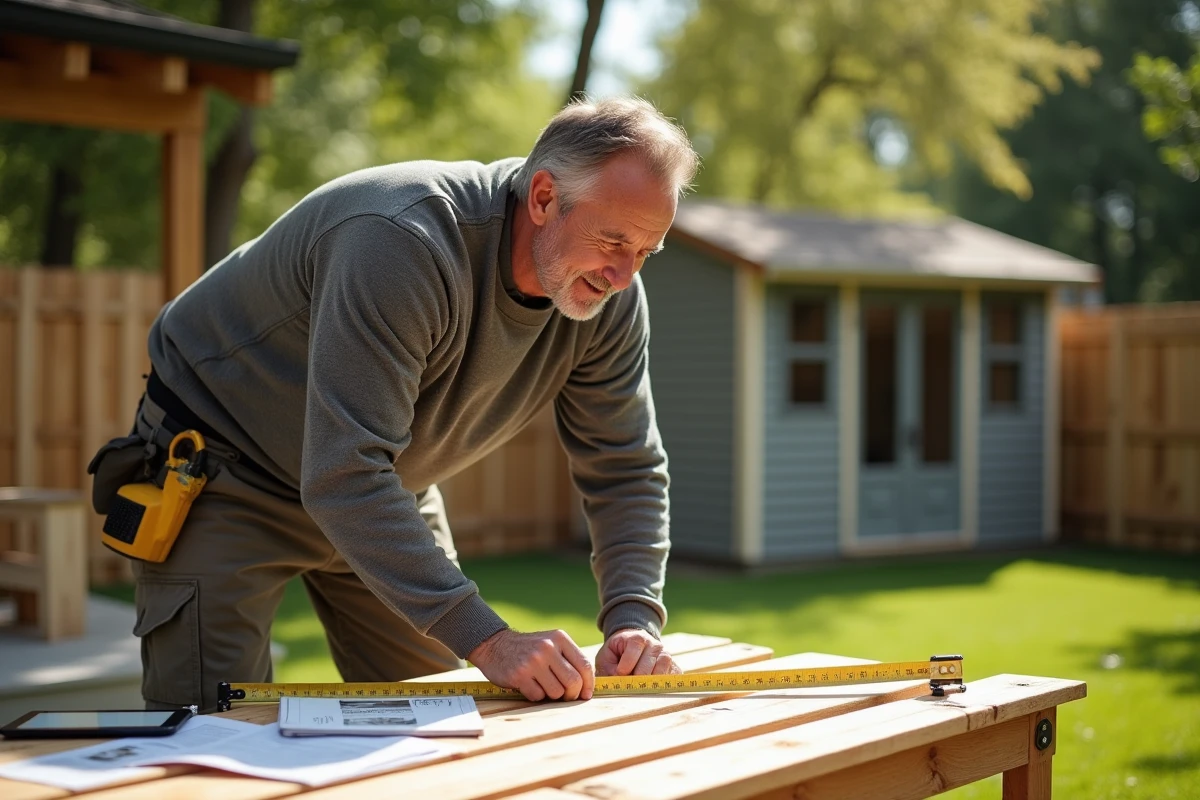 Homme mesurant une planche en bois dans le jardin