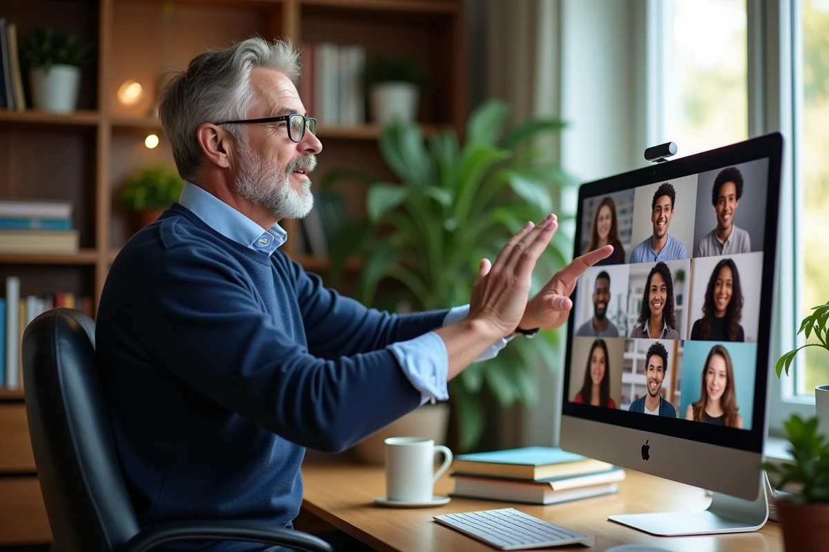 Homme en home office lors d’un appel vidéo avec étudiants