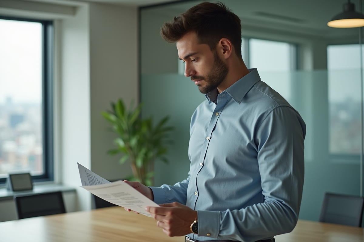 Jeune homme en réunion regardant des documents