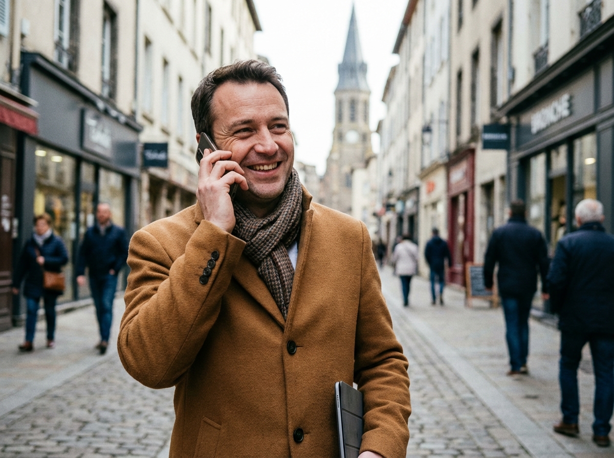 Homme souriant dans la rue piétonne de Brioude