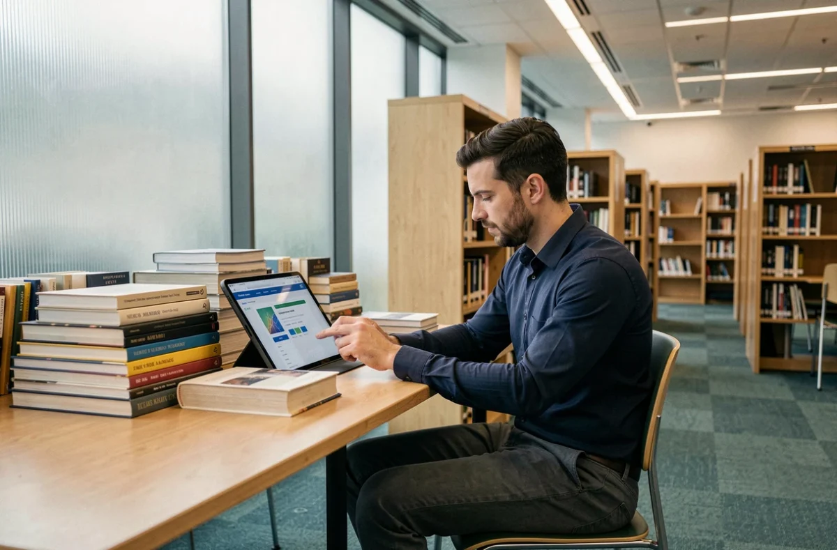 Homme consultant un simulateur de mémoire sur tablette dans une bibliothèque moderne pour améliorer sa mémorisation