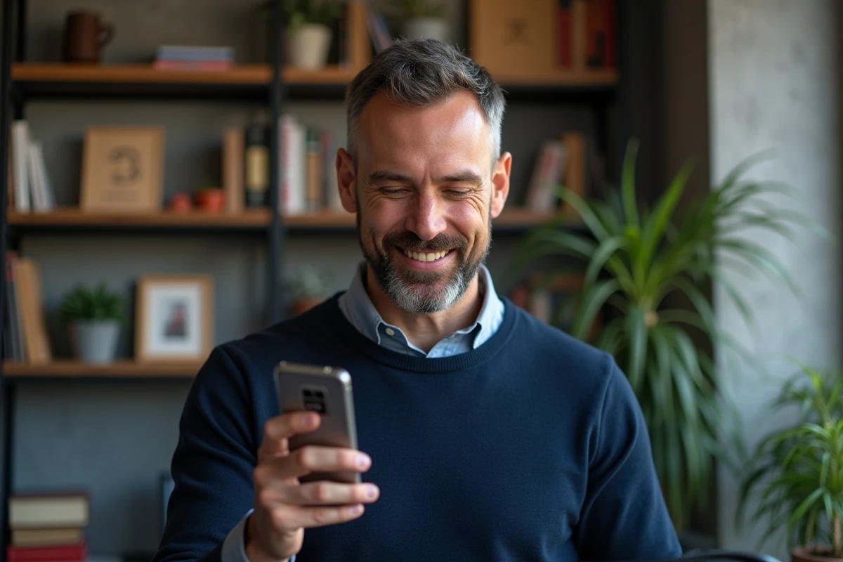 Homme tenant un smartphone affichant un email de réinitialisation de mot de passe dans un bureau à domicile moderne avec murs en béton