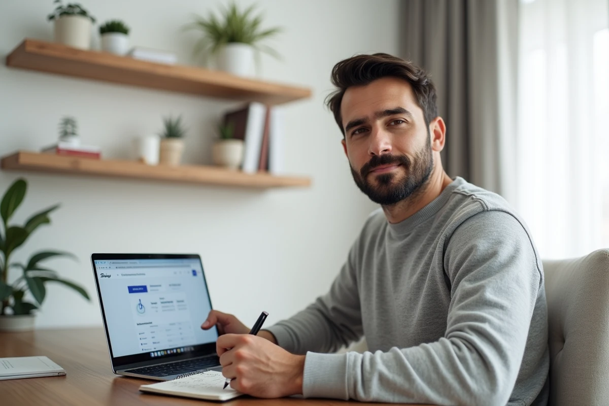 Homme en télétravail utilisant un extranet sur ordinateur portable avec prise de notes dans un bureau à domicile