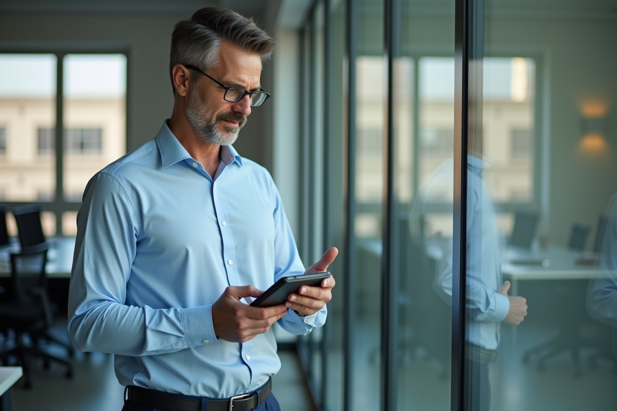 Homme en réunion utilisant son smartphone dans un bureau