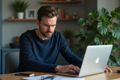 Homme anxieux au bureau à domicile regardant son écran