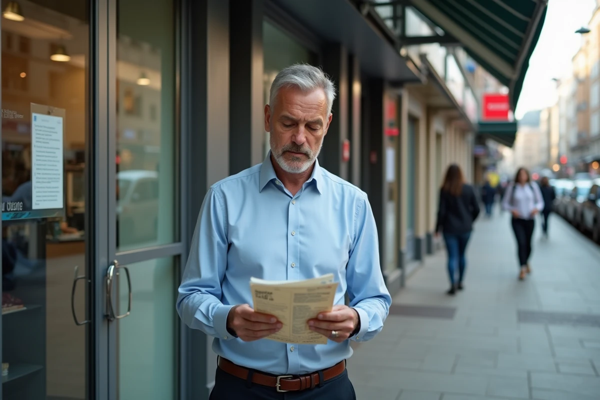 Homme confus vérifiant un itinéraire devant une agence de voyage