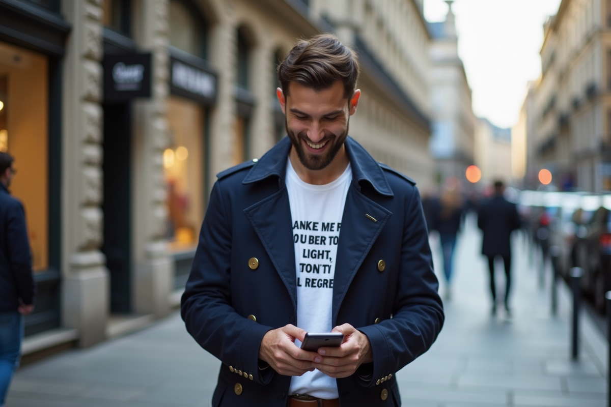 Homme souriant en trench navy sur une rue urbaine animée