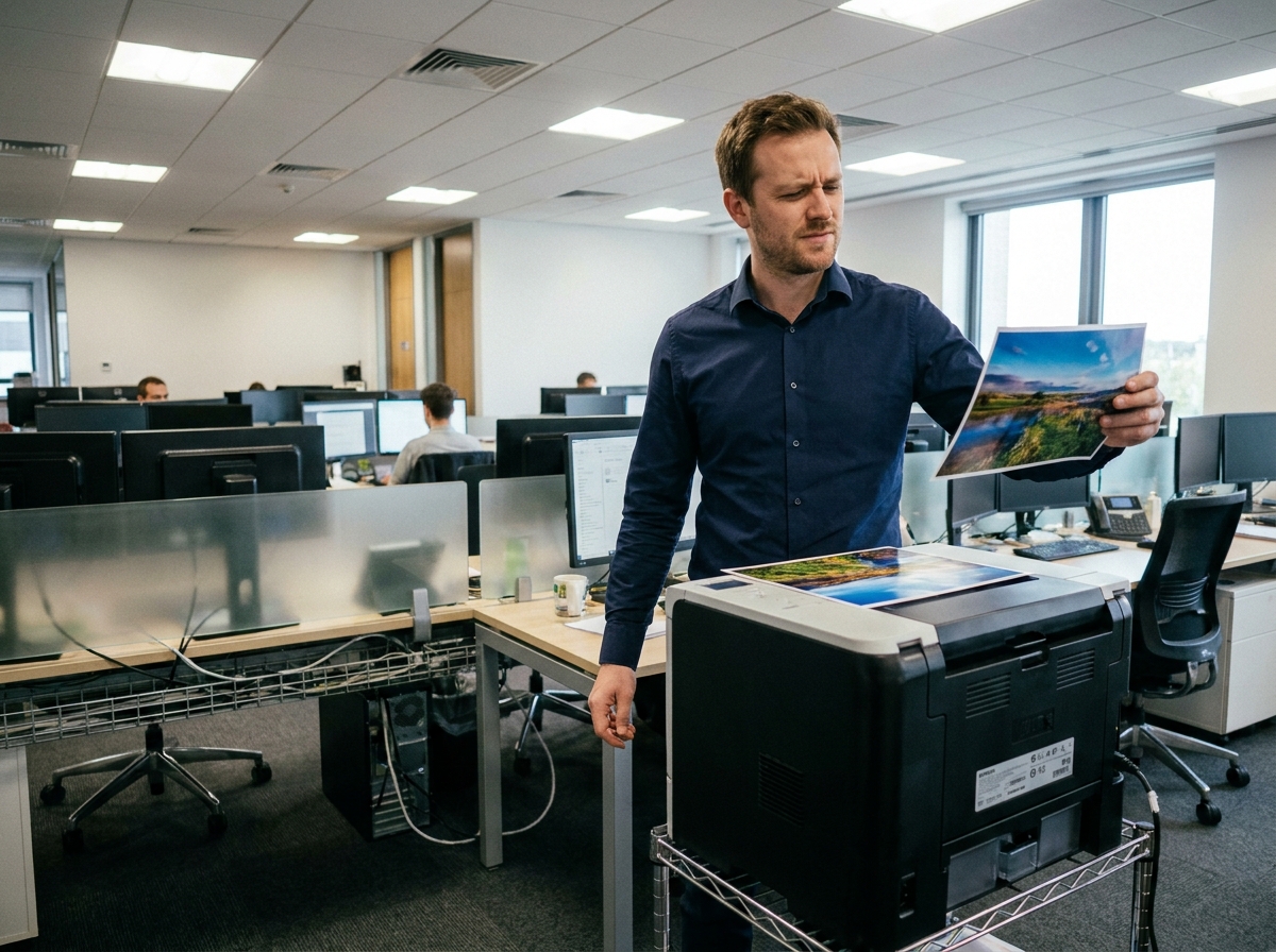 Homme examinant une photo couleur imprimée par une imprimante jet d'encre dans un bureau professionnel en open space