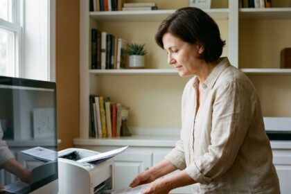 Femme récupérant des documents imprimés depuis une imprimante laser dans un bureau à domicile moderne
