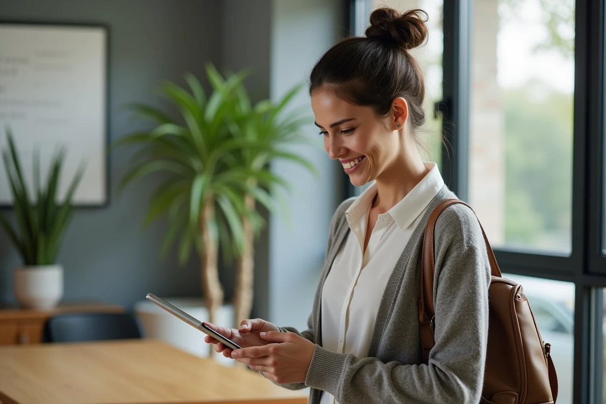 Jeune femme enseignant utilisant une tablette dans un espace lumineux