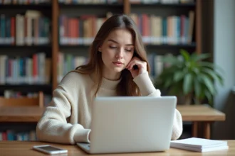Jeune étudiante universitaire utilisant un ordinateur portable dans une bibliothèque moderne