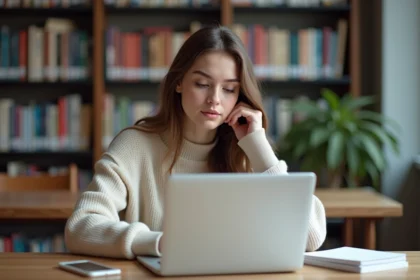 Jeune étudiante universitaire utilisant un ordinateur portable dans une bibliothèque moderne