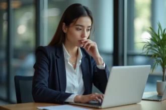 Jeune femme en blazer bleu concentrée sur son ordinateur au bureau