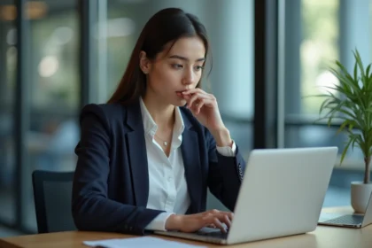 Jeune femme en blazer bleu concentrée sur son ordinateur au bureau