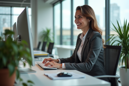 Jeune femme souriante travaillant sur un ordinateur dans un espace coworking