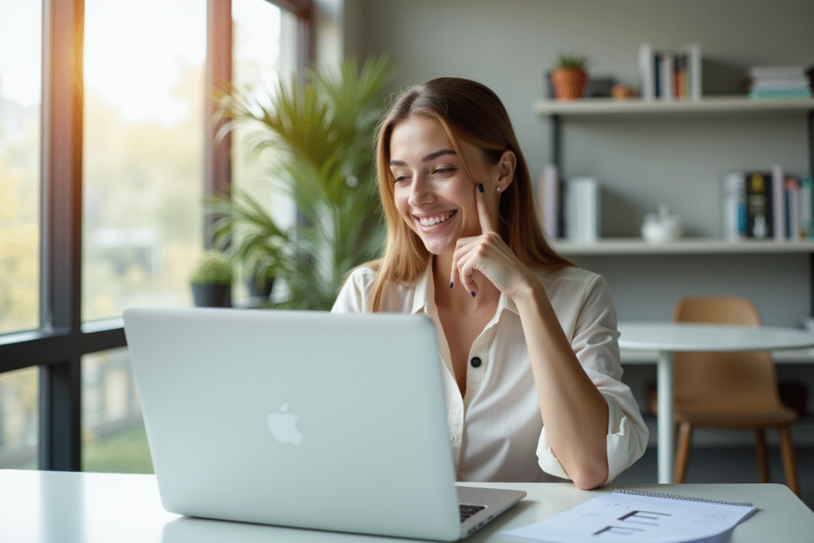 Jeune femme souriante au bureau avec liste de professions F