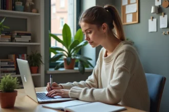 Jeune femme concentrée travaillant sur son ordinateur dans un bureau moderne