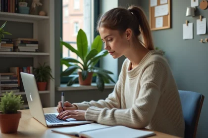 Jeune femme concentrée travaillant sur son ordinateur dans un bureau moderne