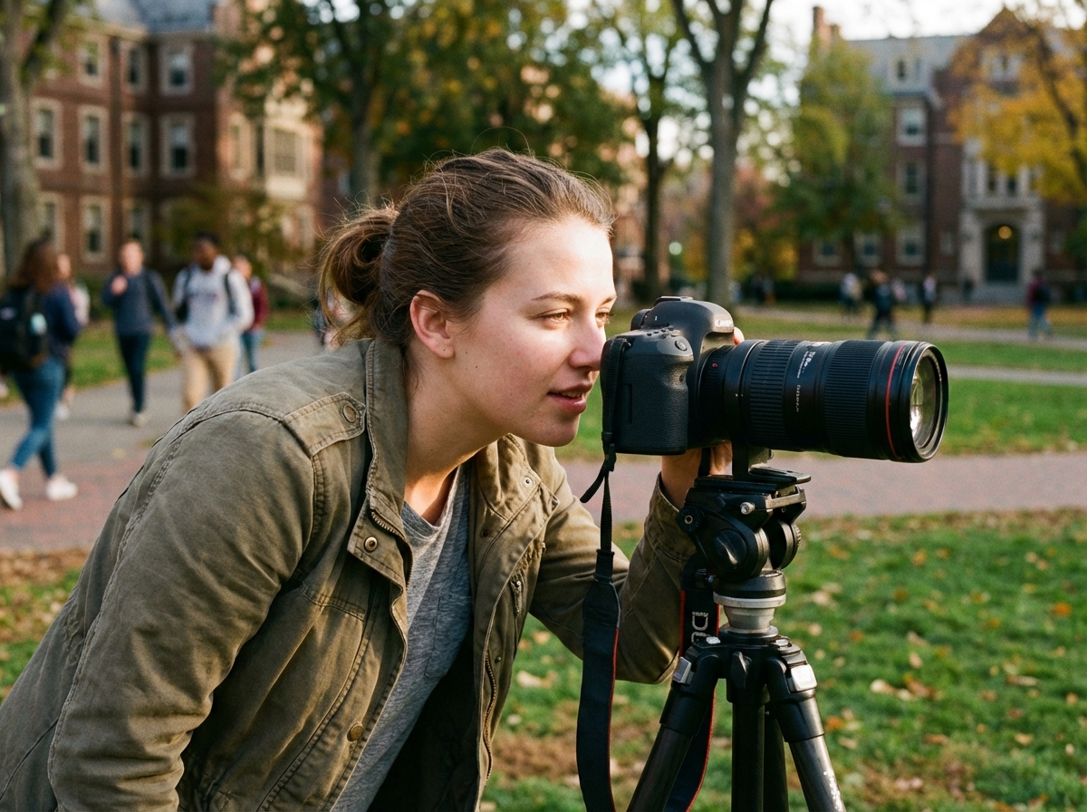 Jeune femme utilisant une caméra en extérieur dans un campus universitaire