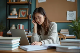 Jeune femme concentrée à son bureau dans une salle d'étude