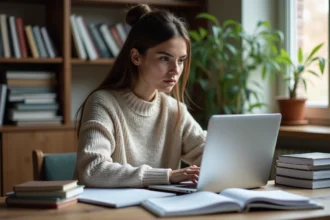 Jeune femme concentrée à étudier dans un appartement cosy