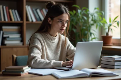 Jeune femme concentrée à étudier dans un appartement cosy