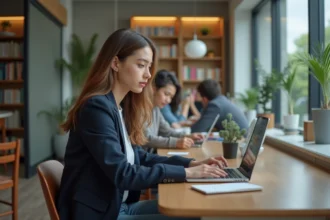 Jeune femme en blazer et jeans en étude universitaire
