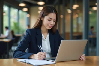 Jeune femme en blazer et blouse blanche à l'étude universitaire