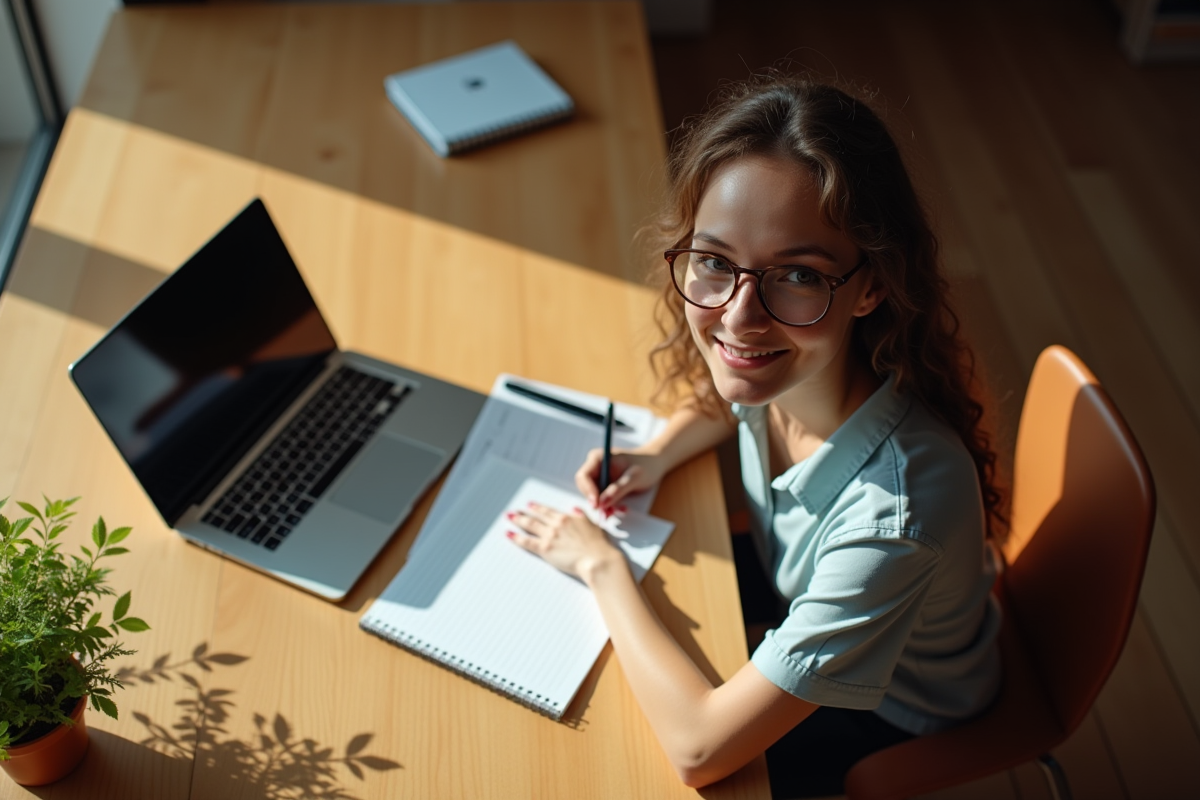 Jeune femme étudie seule à un bureau ensoleille